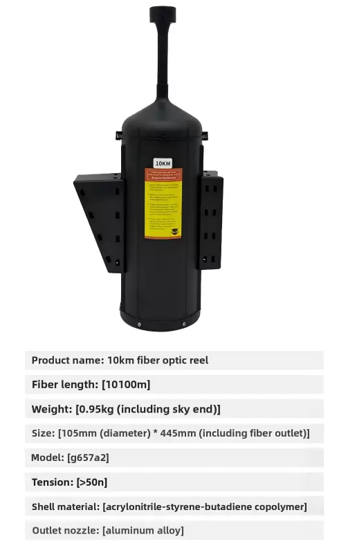 Drones equipados com bobinas de fibra óptica para alcances de 3 km, 5 km, 10 km, 15 km, 20 km, 30 km e 40 km.