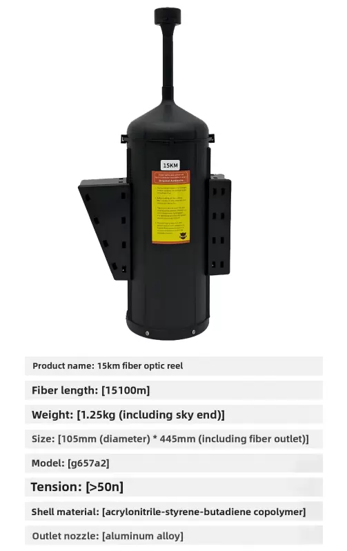 Drones equipados com bobinas de fibra óptica para alcances de 3 km, 5 km, 10 km, 15 km, 20 km, 30 km e 40 km.